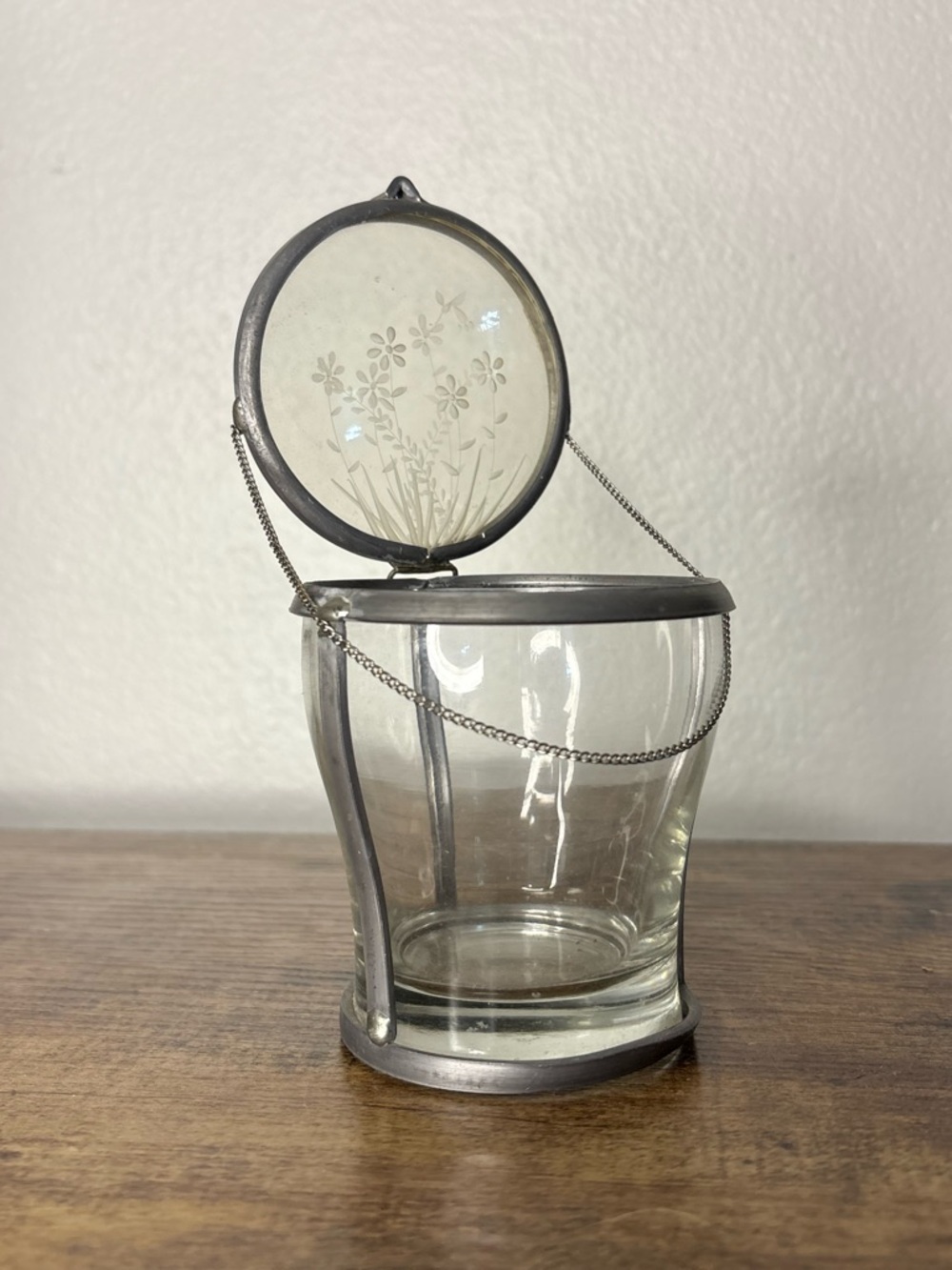 Etched Glass and Pewter Trinket Jar - Clear